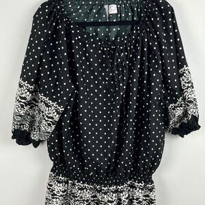 Blancheporte Top Blouse Size 1X Black 3/4 Raglan Peasant Sleeve Scoop Neck Polye